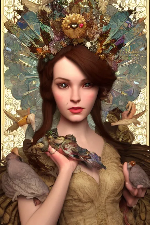 Image similar to face closeup, 3 d render of english princess holding birds, ornaments, mucha vibe, dieselpunk, solarpunk, artstation