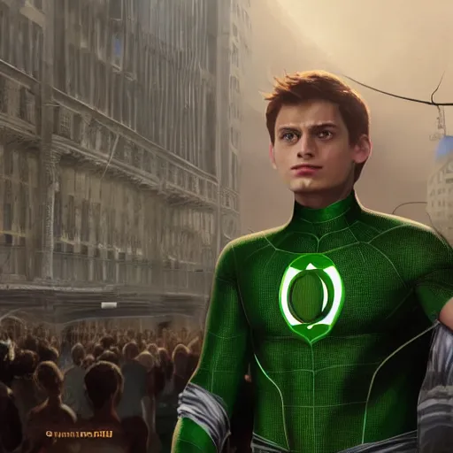 Image similar to peter parker wearing islamic clothes while talking to green lantern about the state of america, masterpiece, highly detailed, high quality, 4 k, anatomically correct, hyperrealistic, concept art, octane render, unreal engine 5, trending on artstation, trending on deviantart, matte, historical painting, fantasy style, path traced, high coherence, soft lighting, digital painting, mythical