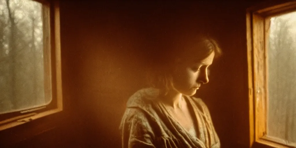 Prompt: portrait bust of young woman, tired expression, faded color film, russian cinema, tarkovsky, kodachrome, inside old cabin, next to window, heavy forest outside, long brown hair, old clothing, heavy fog, brown color palette, sunset, low light, hudson river school, 4 k, dramatic lighting, greg rutkowski