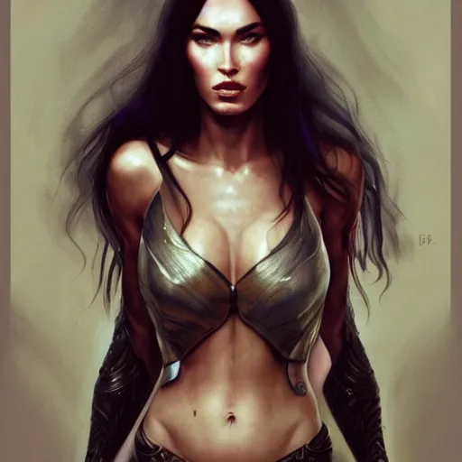 Image similar to portrait of megan fox, muscular upper body, fantasy, intricate, elegant, highly detailed, digital painting, artstation, concept art, matte, sharp focus, illustration, art by aenaluck and roberto ferri and greg rutkowski, epic fantasy, digital painting