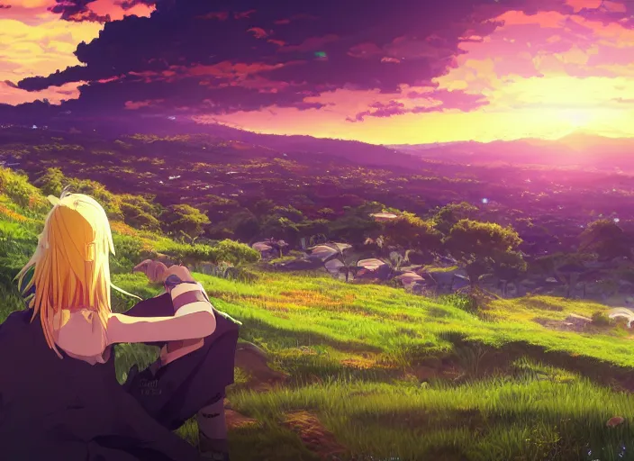 Image similar to very high quality illustration of green hills with clouds in the background, golden hour sunset, purple beautiful sky, cute anime girl with platinum blonde hair and big eyes, close to foreground, anime key visual, official media, illustrated by wlop, extremely detailed, 8 k, trending on pixiv, cinematic lighting, beautiful