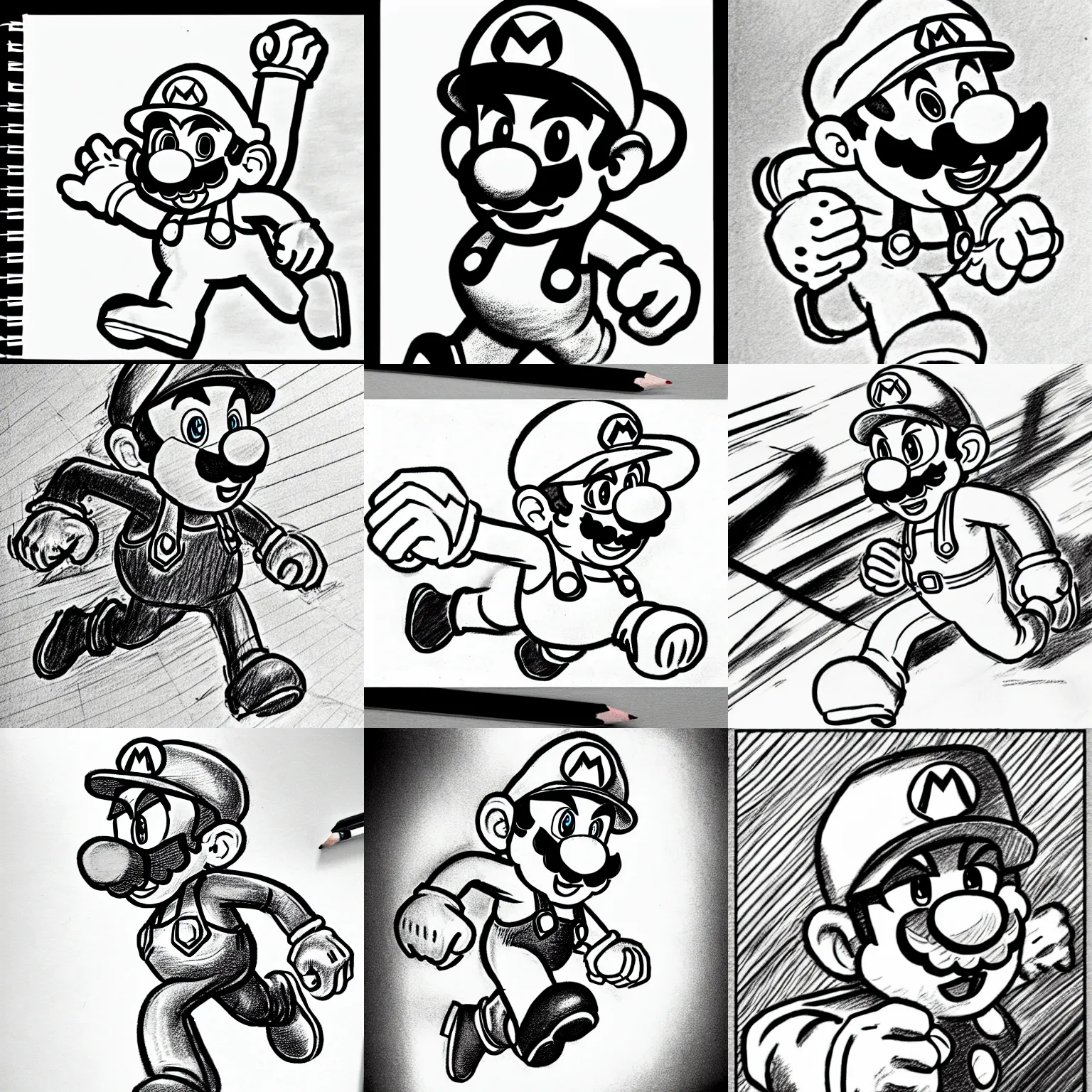 Prompt: epic shaded pencil sketch of super mario running, focused stare, striking detailed artstyle, manga panel