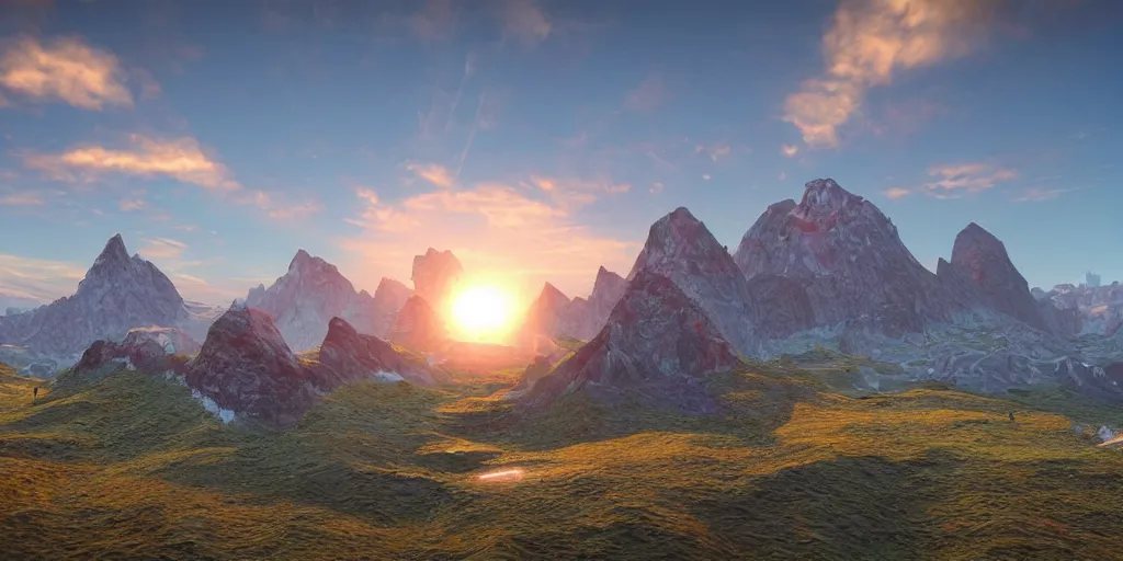 Prompt: a beautiful landscape, sun rises between two mountains, colourful 3 d artwork by phillipp urlich, unreal engine 5, extremely detailed, hyper realism