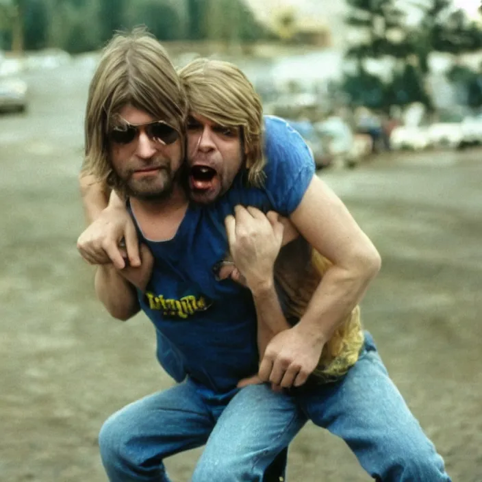 Image similar to kurt cobain giving a piggy back ride to krist novosellic as a photograph with seattle, movie still, 8 k,