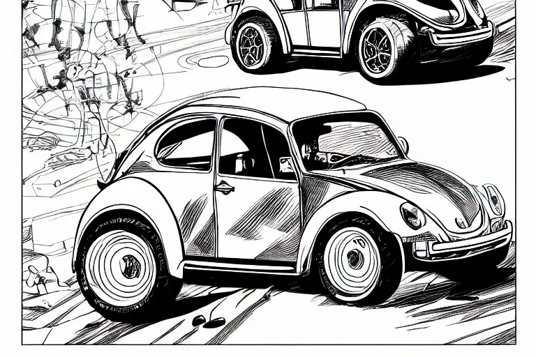 Prompt: vw beetle dune buggy, a page from cyberpunk 2 0 2 0, style of paolo parente, style of mike jackson, adam smasher, johnny silverhand, 1 9 9 0 s comic book style, white background, ink drawing, black and white