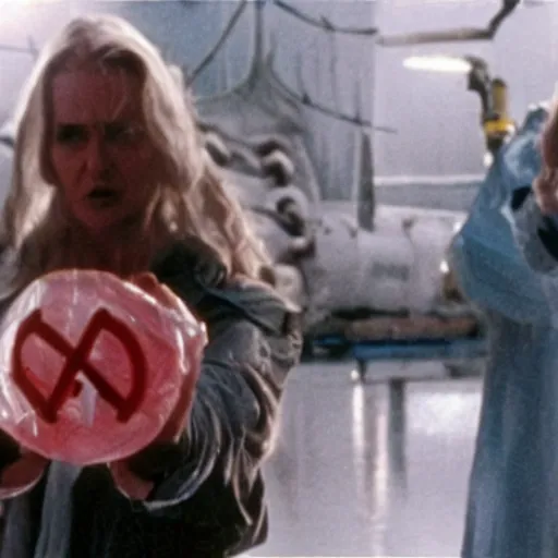 Image similar to screenshot from James Cameron film shows a hand holding a clear plastic bag marked with the biohazard symbol and containing a rabid vampire bat