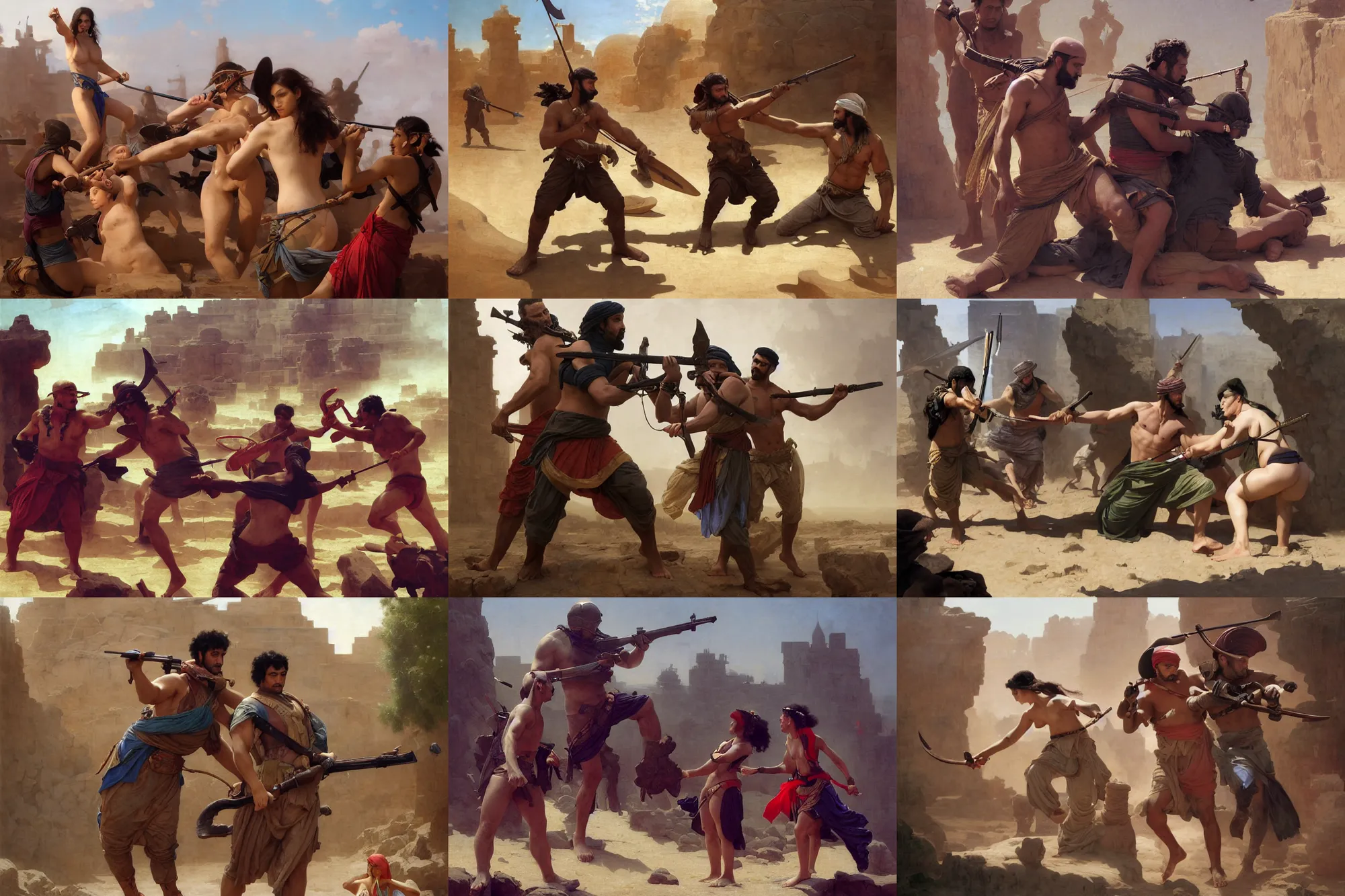 Prompt: Vibrant ancient historically accurate depiction of the duel Navy SEAL and Arab , girls in the background by frank miller, illustration by Ruan Jia and Mandy Jurgens and William-Adolphe Bouguereau, Artgerm, 4k, digital art, surreal, space dandy style, highly detailed, godsend, artstation, digital painting, concept art, smooth, sharp focus, illustration by Ruan Jia and Mandy Jurgens and William-Adolphe Bouguereau