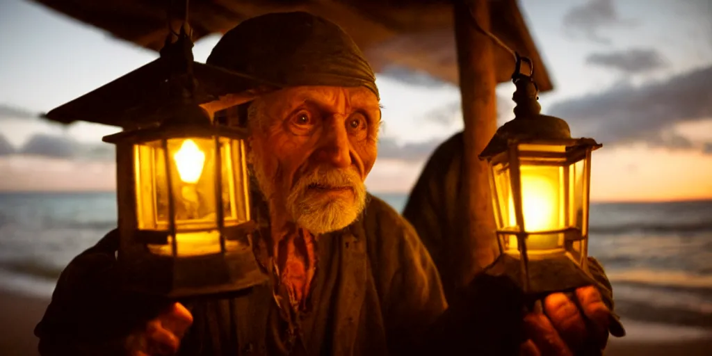 Image similar to film still of closeup old man holding up lantern by his beach hut at night. pirate ship in the ocean by emmanuel lubezki