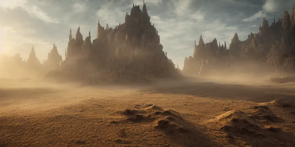 Image similar to kingdom made of sand, superwide angle, light through the mist, dramatic lighting, photorealistic, cinematic lighting, high detail, cinematic feel, high octane, 4 k, unreal engine, digital render, intricate, ultra realistic, concept art