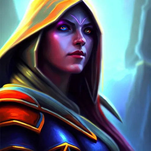 Prompt: ( hyperrealist distant portrait of sylvanas windrunner on a blue planet where it rains colors. ) by noah bradley, photorealistic, dynamic lighting, beautiful, trending on artstation, wallpaper, dream, 4 k, award winning, cute face, handsome girl, perfect factions