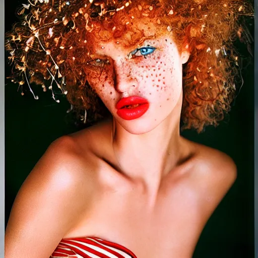 Image similar to a beautiful professional photograph by herb ritts, arthur elgort and ellen von unwerth for vogue magazine of a beautiful lightly freckled and unusually attractive female fashion model looking at the camera in a flirtatious way, zeiss 5 0 mm f 1. 8 lens