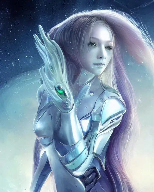 Prompt: beautiful girl on a mothership, android, warframe armor, pretty face, scifi, futuristic, galaxy, raytracing, dreamy, perfect!!!, digital painting, long white hair, blue cyborg eyes, sharp focus, concept art, highly detailed, artstation, intricate, innocent, art by gauthier leblanc, kazuya takahashi, huifeng huang