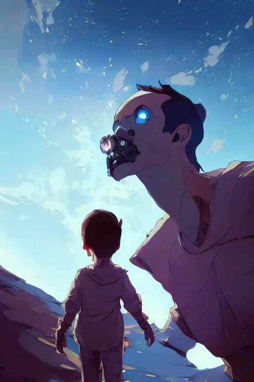 Prompt: a boy looking up into the sky seeing an anxious reflection of himself behance hd artstation by jesper ejsing, by rhads, makoto shinkai and lois van baarle, ilya kuvshinov, ossdraws, that looks like it is from borderlands and by feng zhu and loish and laurie greasley, victo ngai, andreas rocha