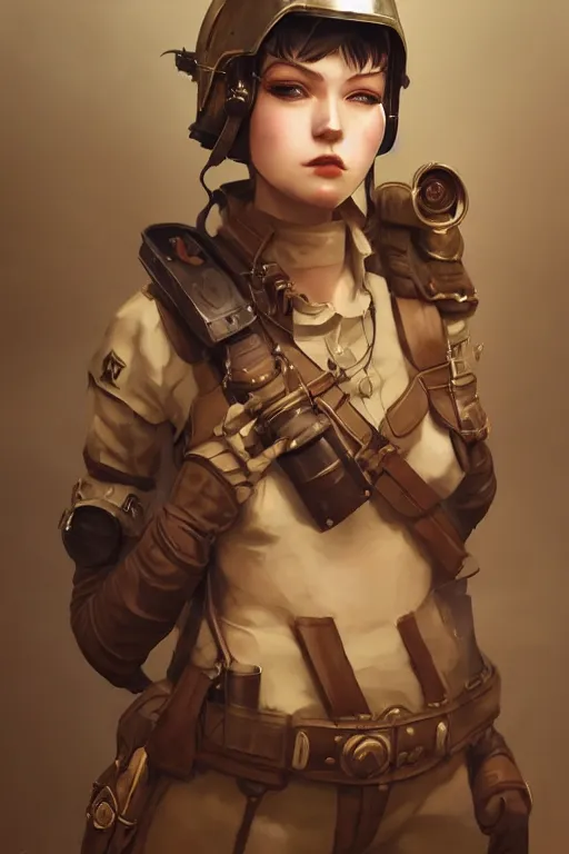 Image similar to dieselpunk soldier girl, helmet, shoulders, chest, portrait, desert, armored, highly detailed, sharp focus, art, illustrations by wlop and ayanamikodon and irakli nadar and loish and rossdraws