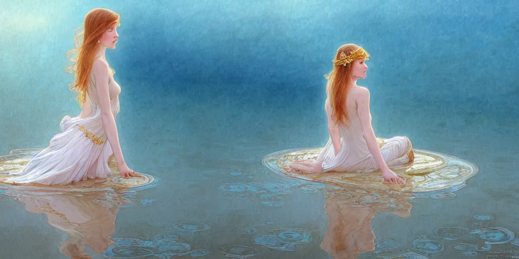 Image similar to highly detailed portrait of a barefoot white skirt girl stand on the water, water surface reflection, the calm sea level, ultra wide angle, gold filigree, romantic storybook fantasy, soft cinematic lighting, award, disney concept art watercolor illustration by mandy jurgens and alphonse mucha and alena aenami, pastel color palette, featured on artstation