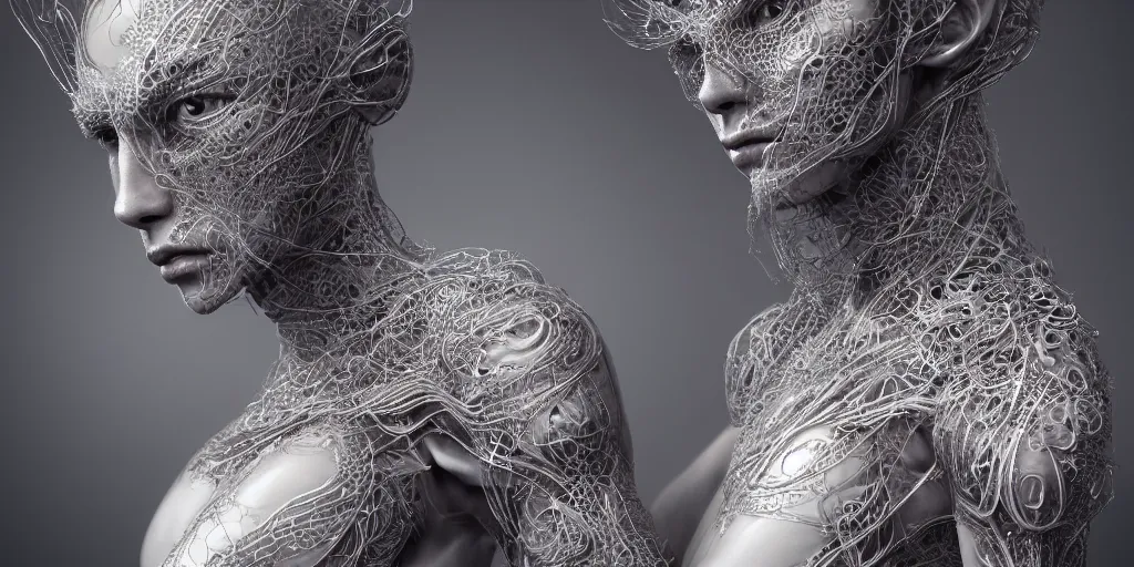 Image similar to realistic photography of a beautiful cyborg androgynous humanoid, holding close, in liquid, intricate filigree, in the style of beth cavener, jin kagetsu, wlop, highly detailed, symmetry, masterpiece, concept art, ringflash, highkey lighting, ambient lighting, octane render, 8 k, artstation