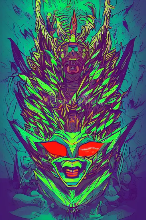 Image similar to totem animal mask tribal feather gemstone plant wood rock shaman vodoo video game vector illustration vivid color borderlands by josan gonzales and dan mumford radiating a glowing aura