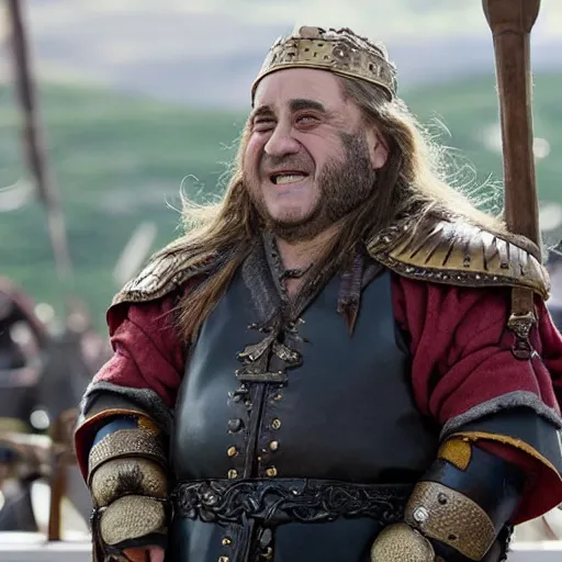 Prompt: Danny DeVito dressed as a viking jarl, standing at the helm of a longship