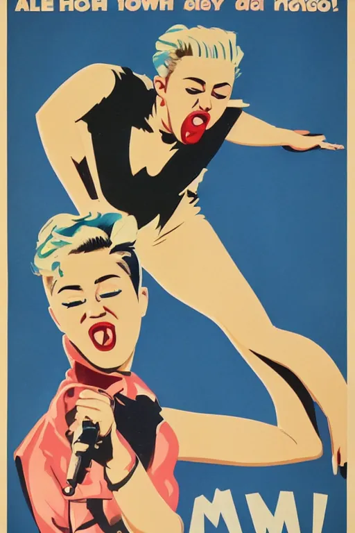 Image similar to propaganda poster, miley cyrus, action pose