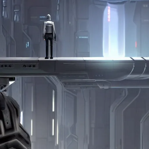 Image similar to Count Dooku standing on ledge observing droid factory star wars