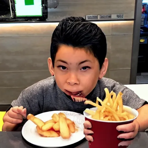 Prompt: Tanjiro Kamado eating at McDonalds; anime