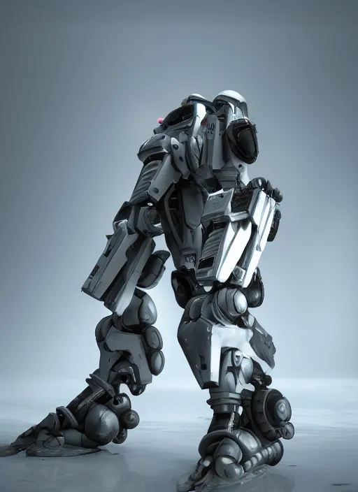 Image similar to a Photorealistic dramatic hyperrealistic render of a futuristic exosuit warrior Mech,Ultra realistic details,glossy white metal by Vitaly Bulgarov and Mike Nash,Beautiful dramatic dark moody tones and lighting,cinematic atmosphere,studio lighting,shadows,dark background, Octane render,8K