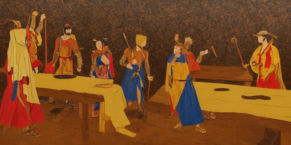 Image similar to Detailed painting of three warriors gathered around a large wooden table. They wear golden cloaks;