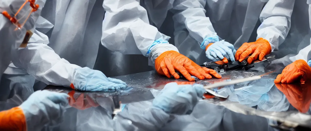 Image similar to filmic dutch angle extreme closeup movie still 4 k uhd 3 5 mm film color photograph of hands wearing surgical gloves holding dissection tools