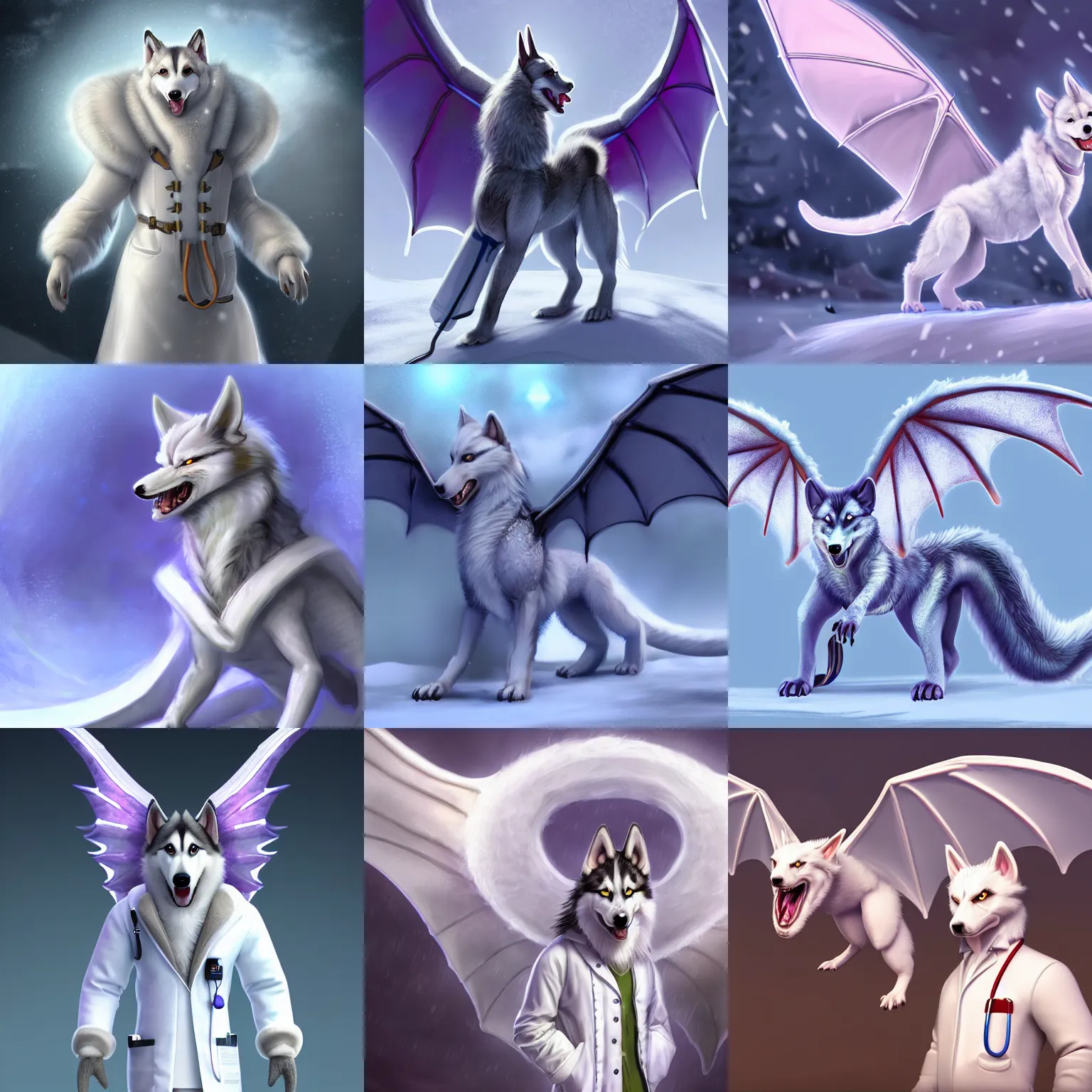 Prompt: male antropromorphic dragon - husky - hybrid, wearing a white doctors coat and stethoscope, helping a patient, digital art, concept art, trending on artstation, in the snow, bright colors, wings, tail, highly detailed, 3 d rendered, 8 k hd