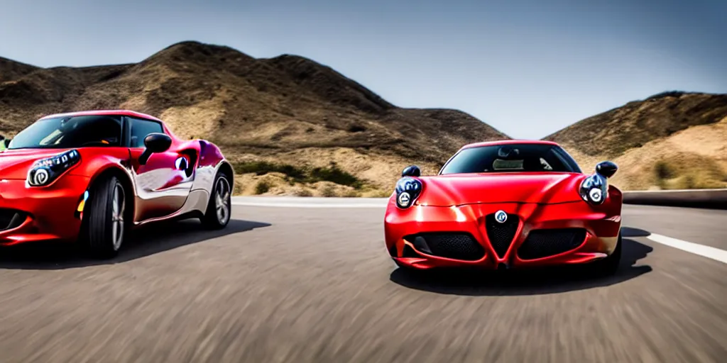 Image similar to Hot Wheels, 2015 Alfa Romeo 4C, cinematic, PCH, california coast, 8k, depth of field, bokeh.