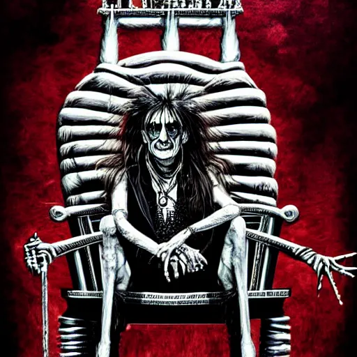 Image similar to graphic illustration, creative design, alice cooper sitting on a throne, biopunk, francis bacon, highly detailed, hunter s thompson, concept art