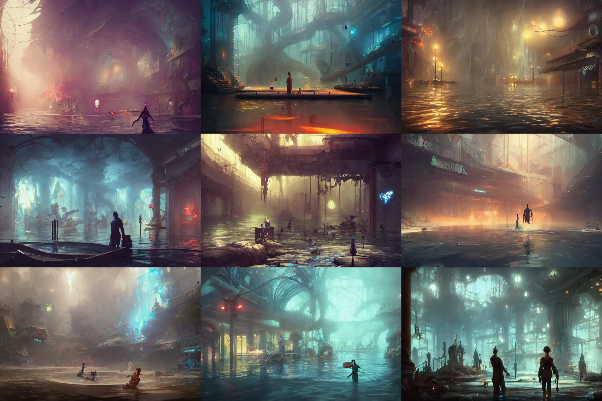 Prompt: flooded video arcade, by peter mohrbacher dan mumford craig mullins nekro, cgsociety, pixiv, volumetric light, 3 d render