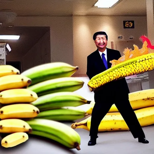 Prompt: Chinese president is fighting to the dragon with bananas!!!