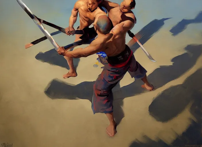 Image similar to greg manchess painting of a filipino mma fighter with a sword, organic painting, sunny day, matte painting, bold shapes, hard edges, street art, trending on artstation, by huang guangjian, gil elvgren, ruan jia, randy vargas, greg rutkowski