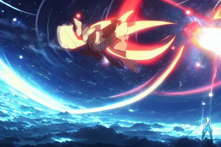 Image similar to tonemapped anime character!!! splitting a gas giant in half like parting the red sea, with pack of space whales fly through an interdimensional rift! in background by ( hiromu arakawa ), makoto shinkai and ( cain kuga )