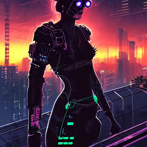 Prompt: beautiful cyberpunk assassin with night vision goggles, wires, cyberpunk, dramatic light, sunset, cyberpunk city in the background, gorgeous view, depth, movie illustration by Soufiane Idrassi