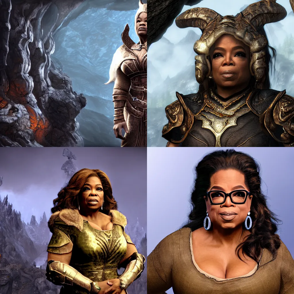 Prompt: Oprah as the Dragonborn, Skyrim, intricate, highly detailed, beautiful lighting, light fog, 8k