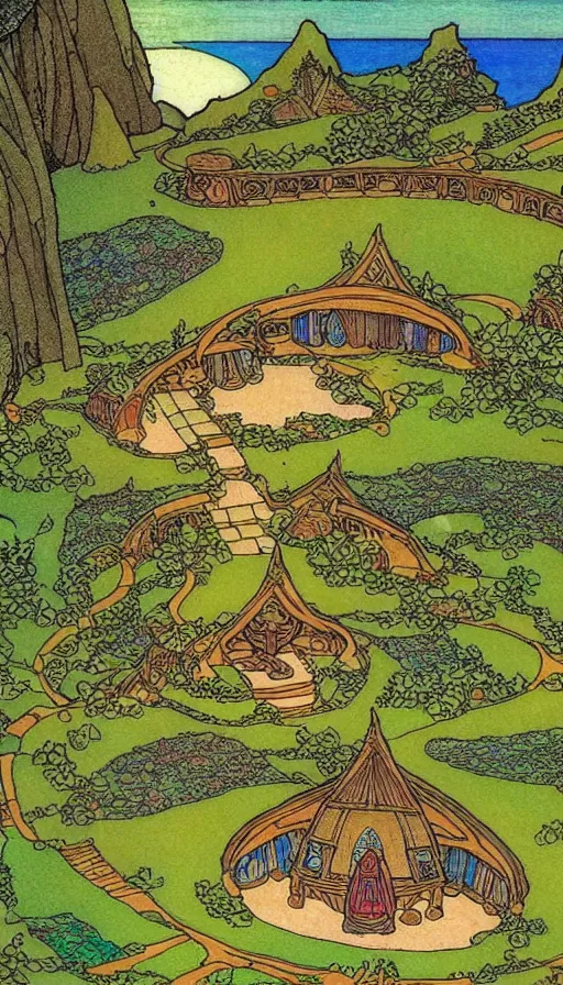 Prompt: hobbit monastery on hawaii, solarpunk, permaculture, by ivan bilibin,