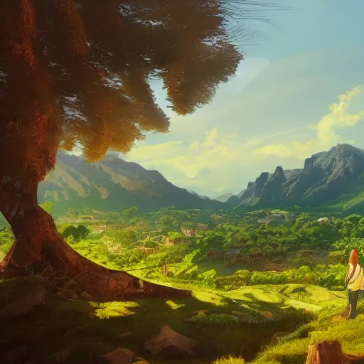 Prompt: panorama of a valley filled with a forest and a village, medieval, fantasy, oil painting, by makoto shinkai