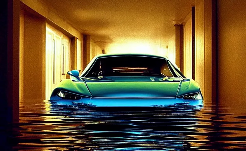 Prompt: car from cars in a flooded fractal hallway, romance novel cover, in 1 9 9 5, y 2 k cybercore, low - light photography, still from a ridley scott pixar movie