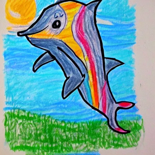 Image similar to child's crayon drawing of a dolphin in the style of mexican folk art