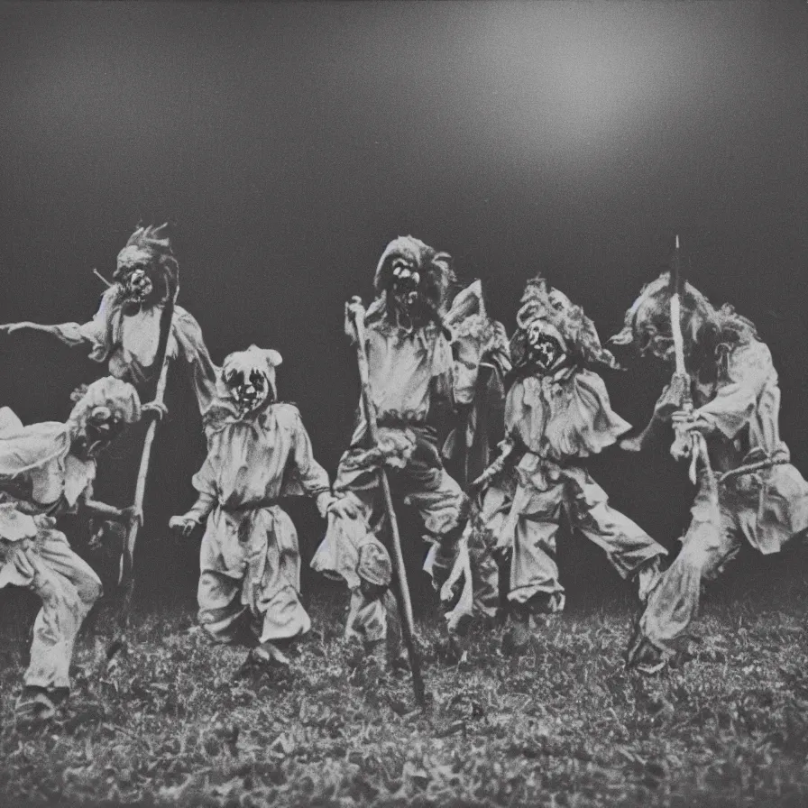 Image similar to circa 1 9 7 0 s restored 1 3 mm film photograph of a group of clowns in a field holding machetes at night, liminal, dark, thunderstorm, dark, flash on, blurry, ominous lighting