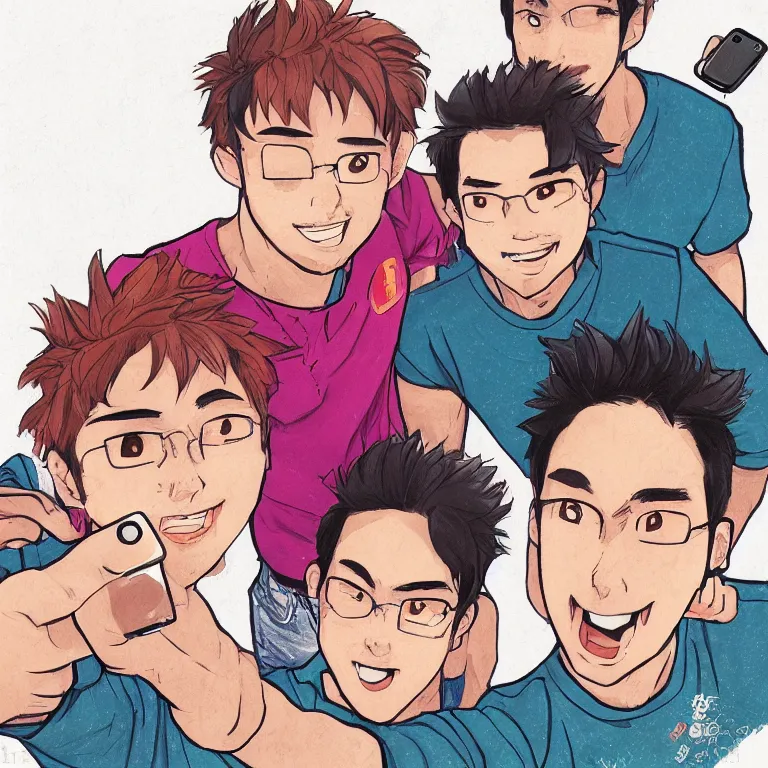 Image similar to a detailed colorful illustration of three guys ( daichi, sugawara, asahi ) posing for a selfie by timothy kong, trending on artstation