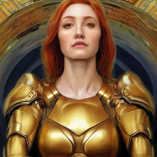 Image similar to Portrait of Samus Aran with golden armor drawn by Donato Giancola and Tom Bagshaw, face by Artgerm, overall design by Alphonse Mucha, background by James Jean and Gustav Klimt, light by Julie Bell, 4k, porcelain skin, komorebi, french nouveau, trending on artstation, octane render, hyperrealistic