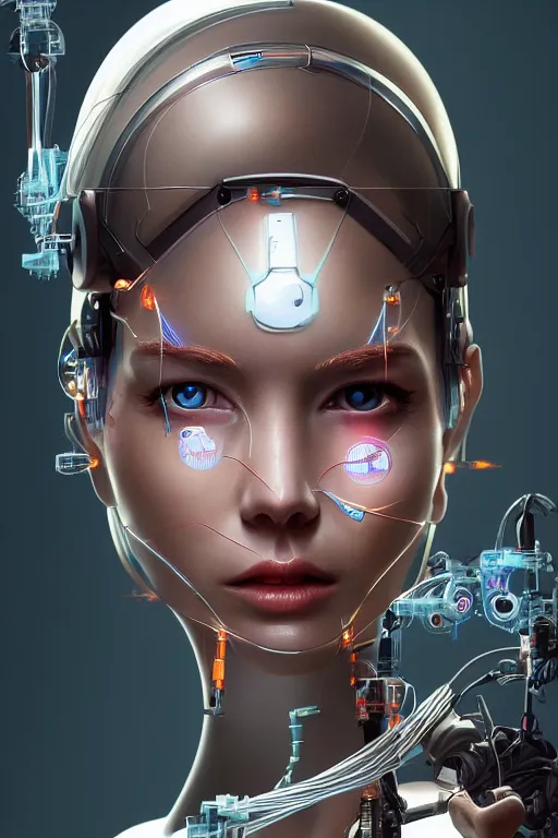 Prompt: A cyborg girl with a beautiful face, wires and mechanisms are visible from under the skin, in some places the mechanisms stick out from the body, full-length view, artstation featured