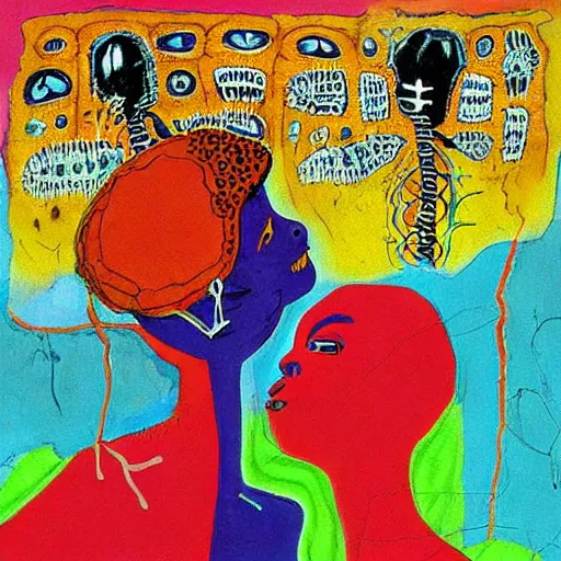 Image similar to beautiful painting of two bizarre psychedelic women kissing each other closeup on an alien planet, speculative evolution, mixed media collage by basquiat and junji ito, magazine collage art, psychedelic illustration