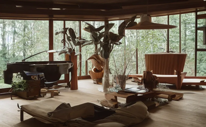 Image similar to luxurious wooden cottage by alvar aalto, modern native amarican living room, japanese flower arrangements, architecture photography