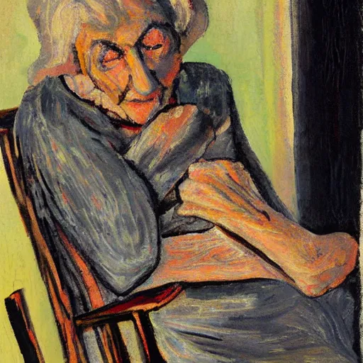 Image similar to old woman crying sitting in a rocking chair, expressionism