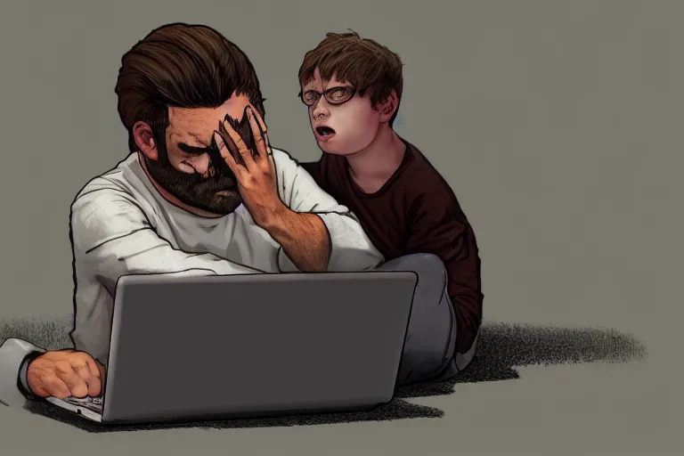 Prompt: hangover man sitting behind laptop and sad crying kid staying near the man. high detail, trending on artstation