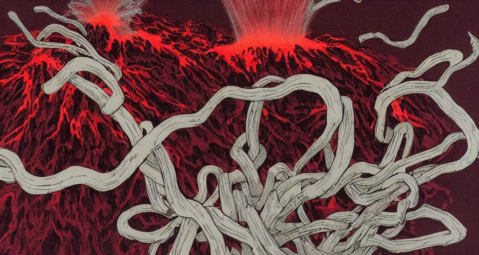 Image similar to a volcano made of ivory vines and crimson rocks enters in eruption, it spits a smoke in the shape of demonic eye, by Yoshihiro Togashi